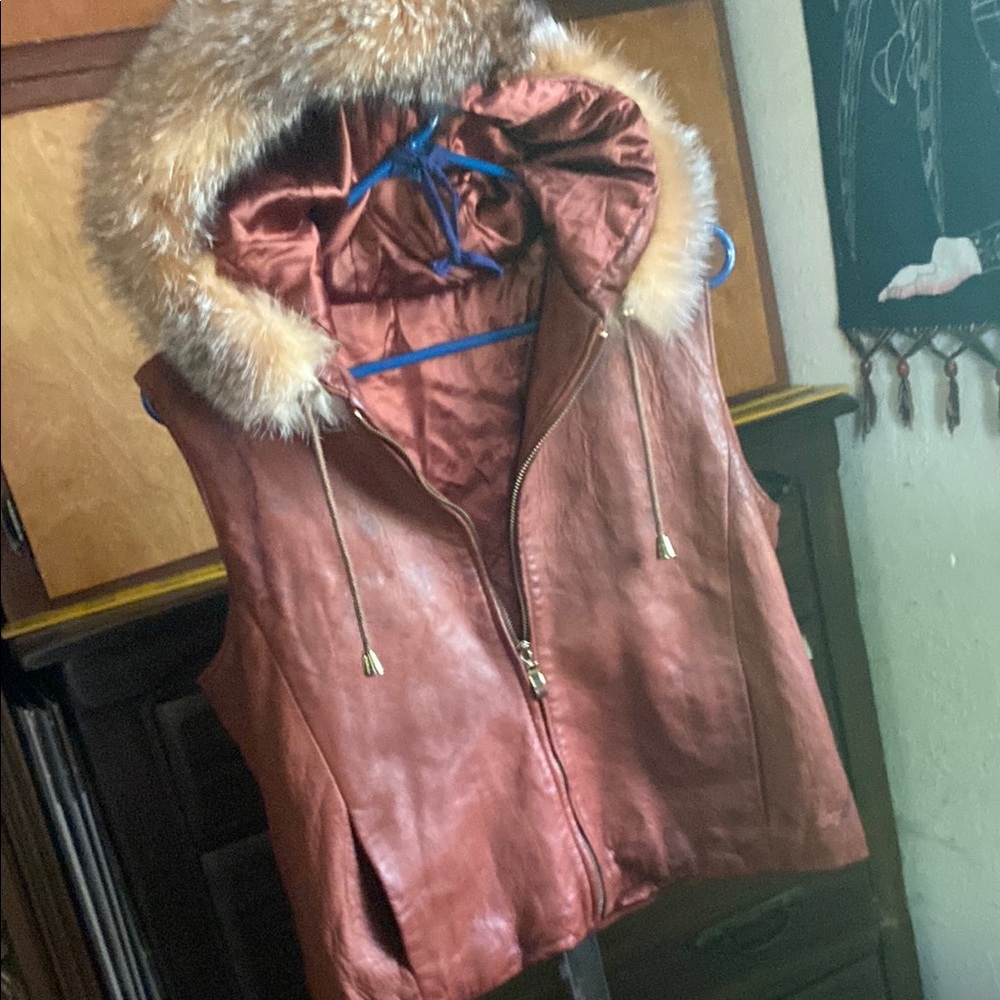Women's Brown genuine leather Faux Fur Hooded Vest